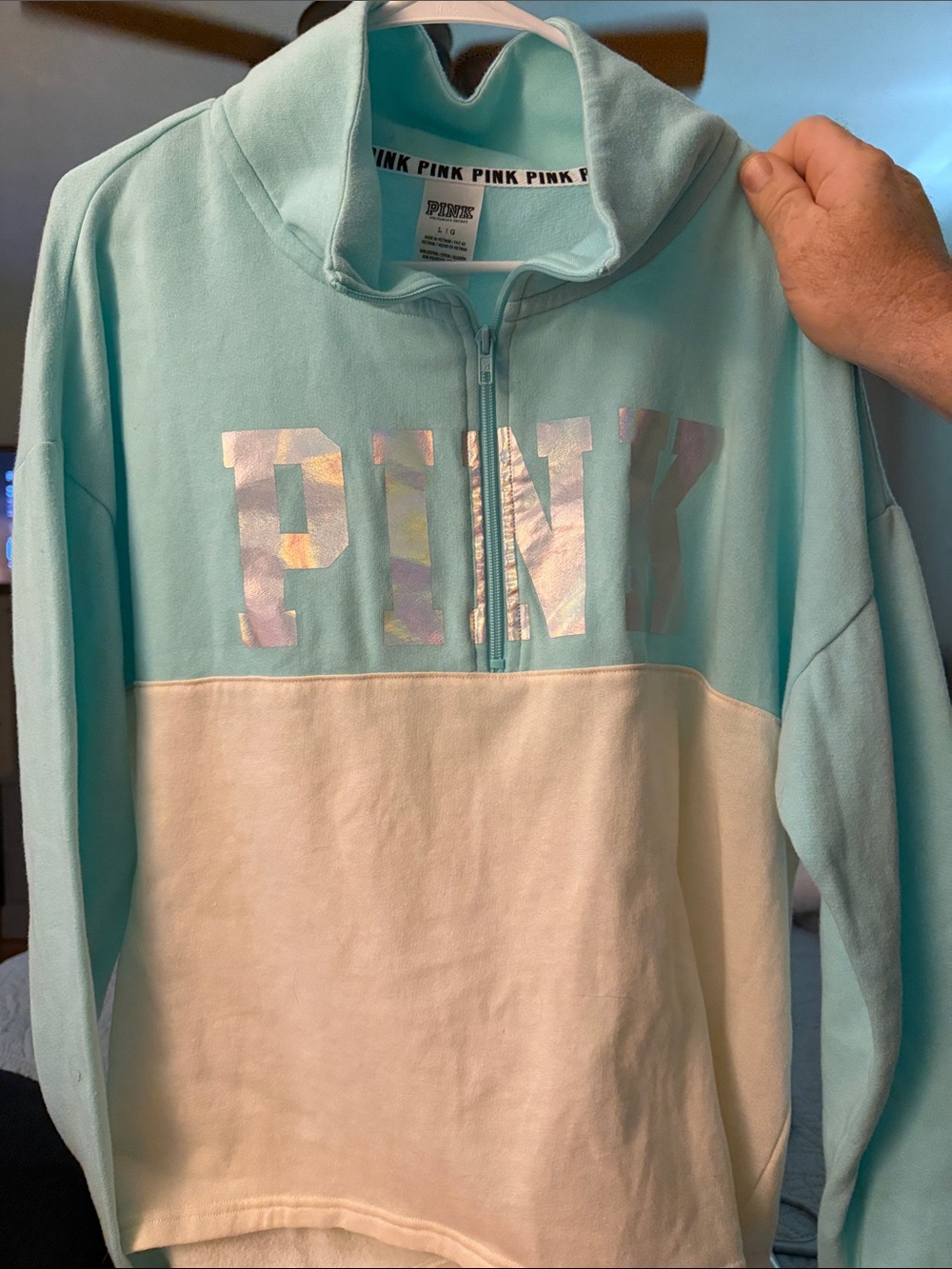 PINK Victoria's Secret Mint and Cream Colorblock Half-Zip Pullover